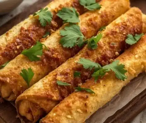 Golden crispy chicken flautas served with salsa and guacamole
