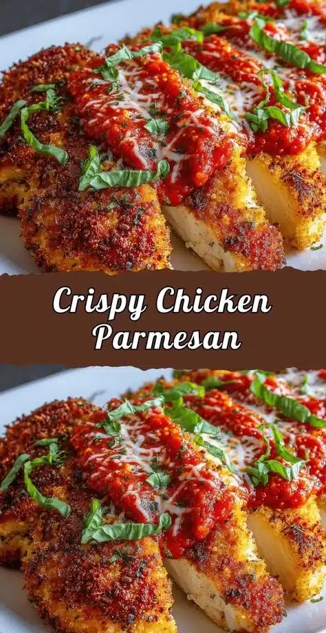 Crispy Chicken Parmesan with marinara sauce and melted cheese on a plate