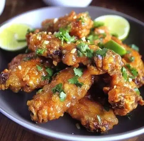 Plate of crispy garlic chicken wings with flavorful seasoning