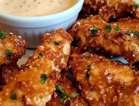 Crispy pretzel-crusted chicken tenders served with buffalo ranch sauce