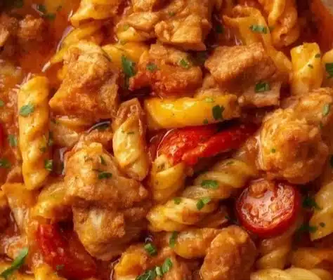 Delicious bowl of Crock Pot Cajun Chicken Pasta with spices and herbs