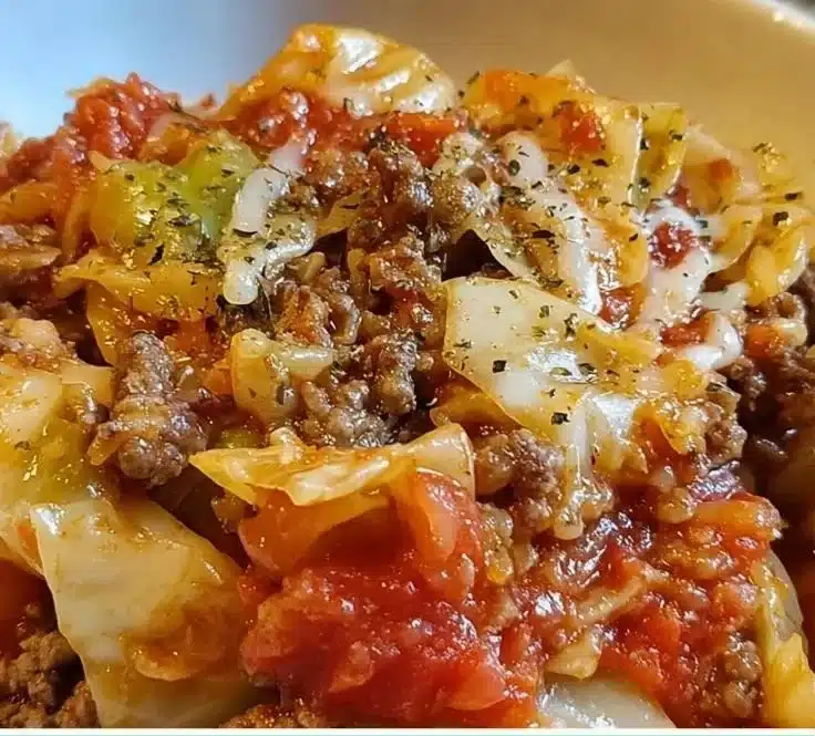 Crockpot Cabbage Roll Casserole dish topped with cheese and herbs