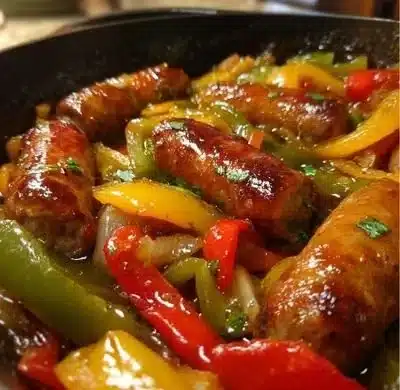 Crockpot sausage and peppers dish served in a bowl, ready for dinner