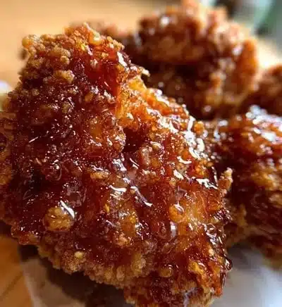 Plate of Crunchy Hot Honey Chicken garnished with herbs and served with dipping sauce.