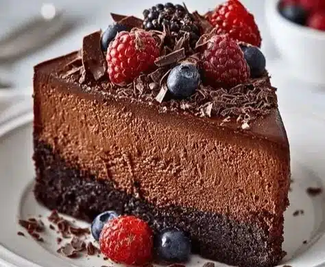 Slice of dark chocolate mousse cake topped with chocolate shavings
