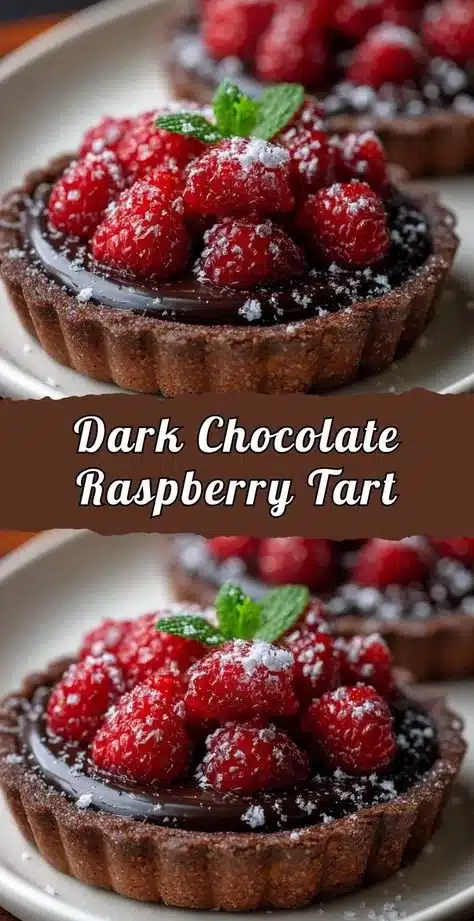 Delicious dark chocolate raspberry tart served on a white plate with fresh raspberries
