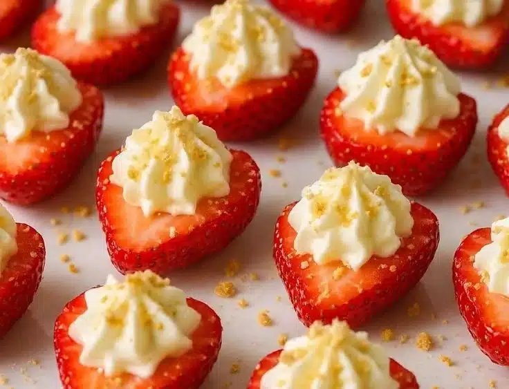 Delicious deviled strawberries topped with creamy filling, a simple no-bake dessert.