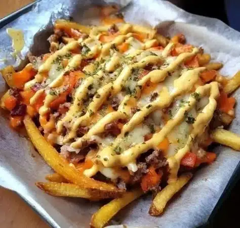 Plate of delicious dirty fries topped with cheese and sauces