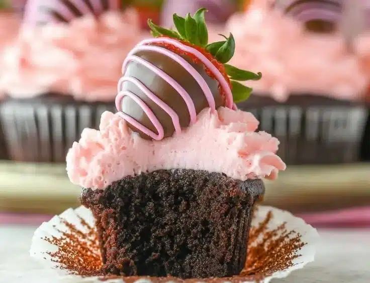 Chocolate covered strawberry cupcakes topped with fresh strawberries and chocolate drizzle.
