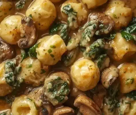 Creamy spinach and mushroom gnocchi served in a bowl with herbs.