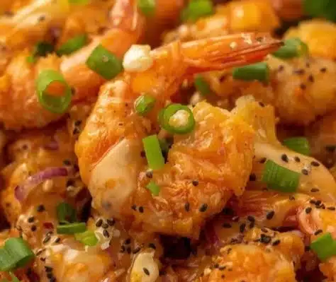 Delicious plate of easy fried bang bang shrimp garnished with a spicy sauce
