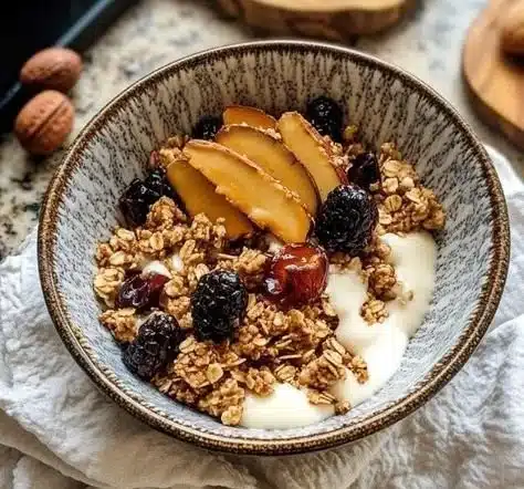 Bowl of homemade easy granola with nuts and fruits.