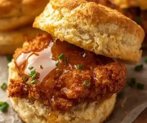 Delicious hot honey chicken biscuits garnished and ready to serve.