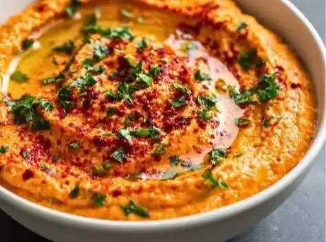 Bowl of easy roasted red pepper hummus with pita chips and veggies