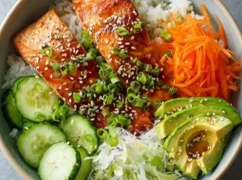 Easy salmon rice bowl with fresh ingredients served in a bowl