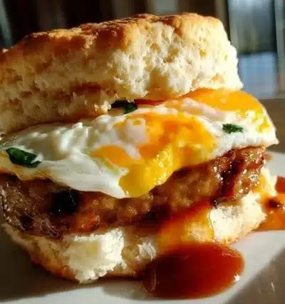 Delicious egg and sausage breakfast sandwich on a toasted bun