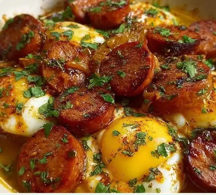 Delicious egg boil with sausage served in a bowl