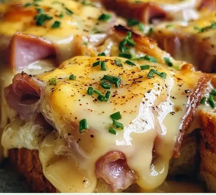 Delicious Eggs Benedict Casserole topped with creamy Hollandaise Sauce