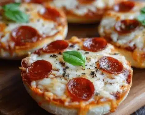 Delicious homemade English Muffin Pizza with toppings