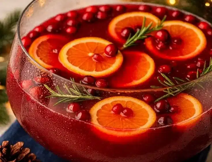 Colorful Christmas Punch in a festive glass, perfect for holiday celebrations.