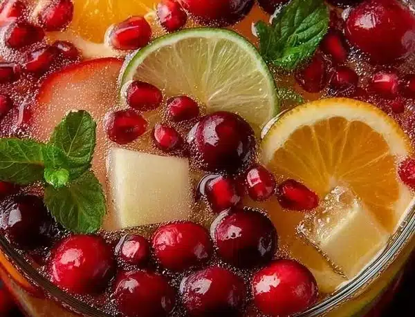 Festive White Christmas Sangria in a glass garnished with fruits and herbs