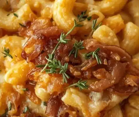 Creamy French Onion Soup Mac and Cheese topped with melted cheese and herbs