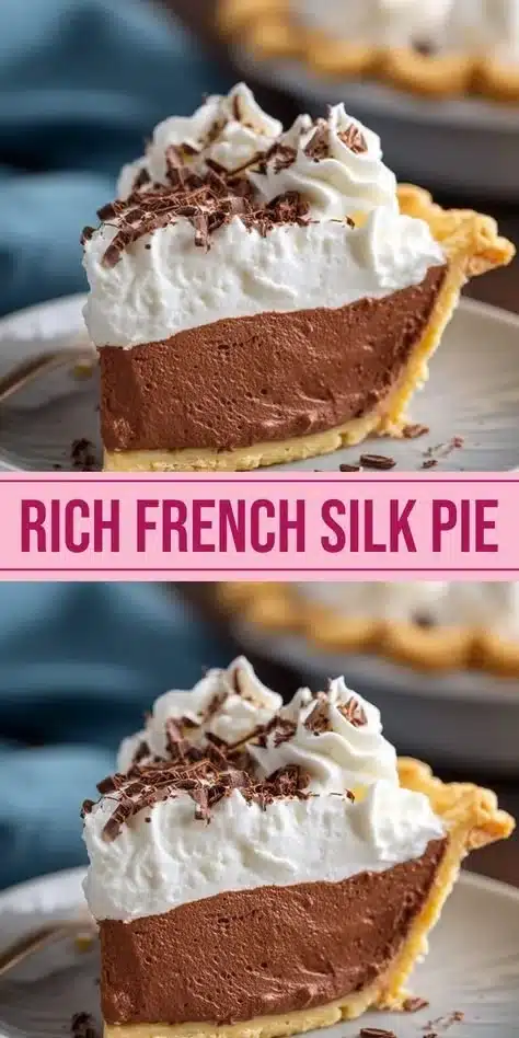 Delicious slice of French Silk Pie with rich chocolate topping and whipped cream