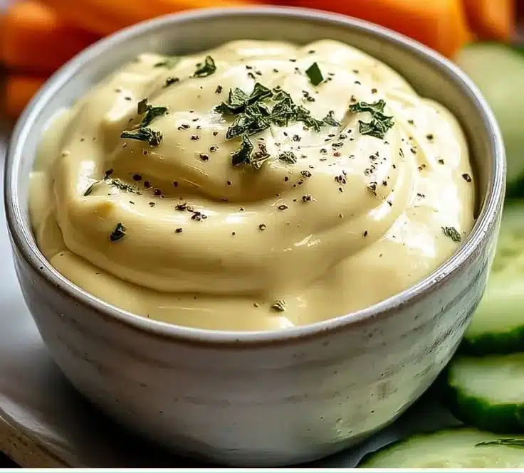 Homemade garlic aioli sauce in a small bowl with fresh garlic cloves.