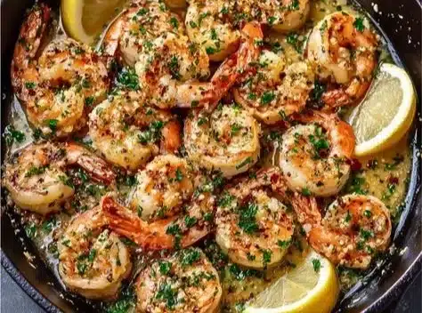 Garlic Butter Shrimp cooked in a skillet, garnished with herbs.