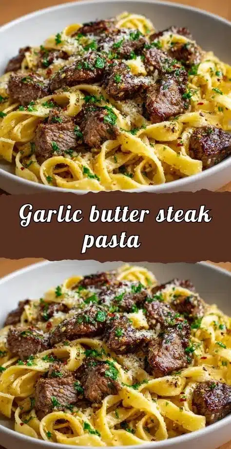 Delicious Garlic Butter Steak Pasta served in a bowl with herbs and garlic.