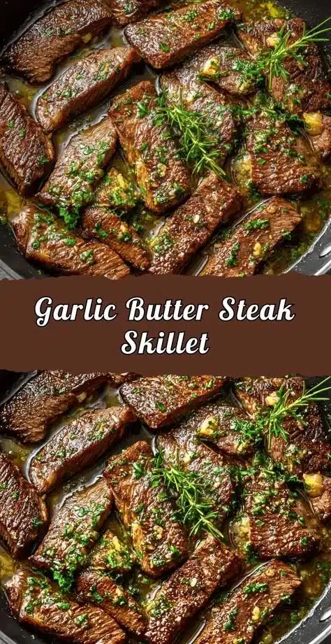 Delicious garlic butter steak cooked in a skillet with herbs and spices.