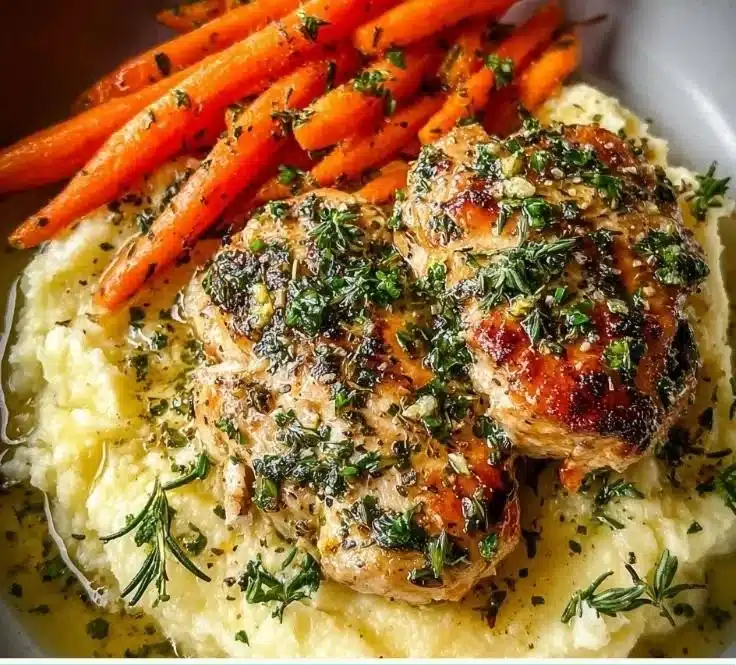 Garlic Herb Chicken served with creamy mashed potatoes and roasted carrots