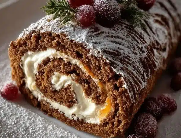 Delicious Gingerbread Yule Log Cake decorated for the holidays