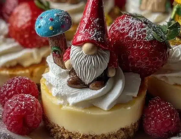 Delicious and festive Gnome Mini Cheesecakes decorated for celebrations.