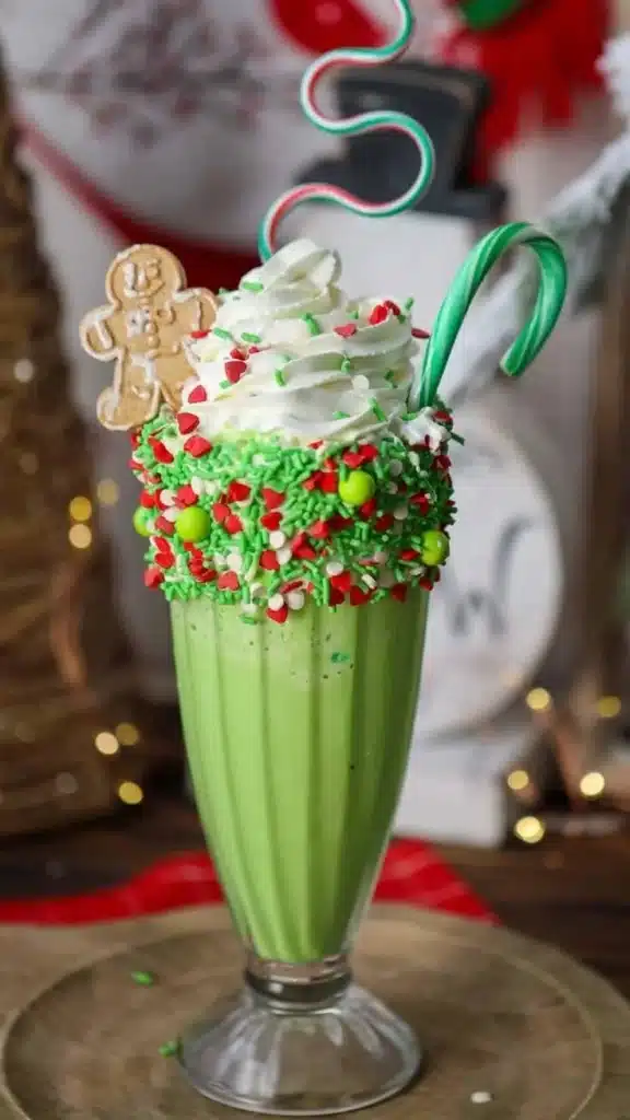 Festive Grinch Milkshake topped with whipped cream and sprinkles