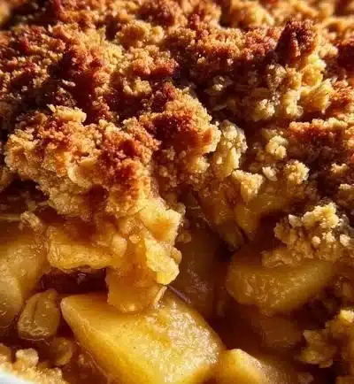 Healthy apple crumble dessert with oats and fresh apples in a baking dish.