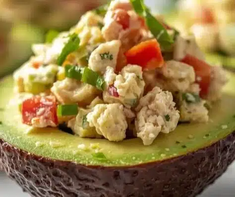 Healthy chicken salad stuffed in an avocado half, garnished with herbs and spices