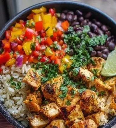Healthy chicken taco bowls with fresh toppings and vibrant ingredients