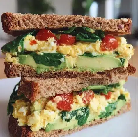 A healthy egg sandwich loaded with fresh ingredients on a plate.