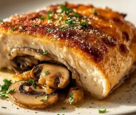 Healthy mushroom stuffed chicken breast on a plate with herbs.