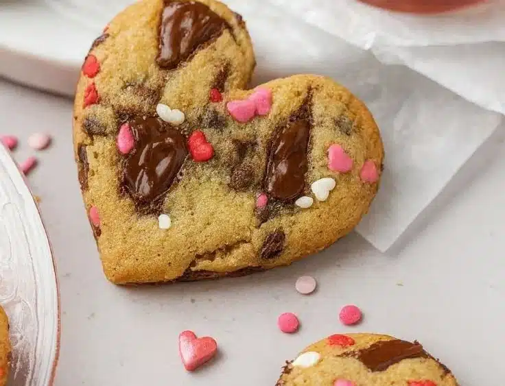 Heart shaped chocolate chip cookies displayed on a plate