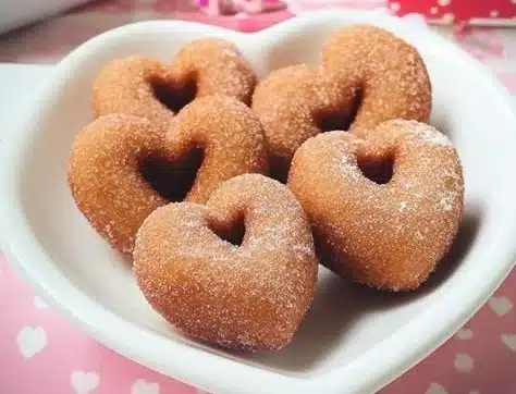 Heart-shaped doughnut holes served on a decorative plate