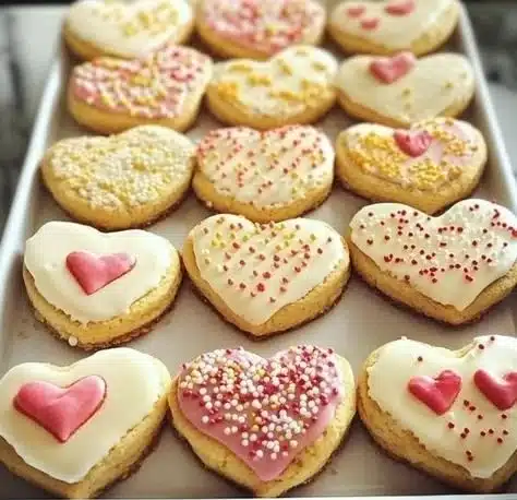 Heart-shaped sugar cookies decorated with icing for Valentine's Day.