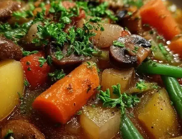 Hearty Irish vegetarian stew with colorful vegetables and herbs in a bowl