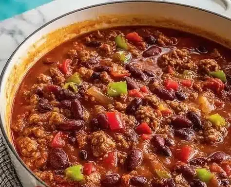Bowl of hearty turkey vegetable chili with fresh herbs and colorful vegetables