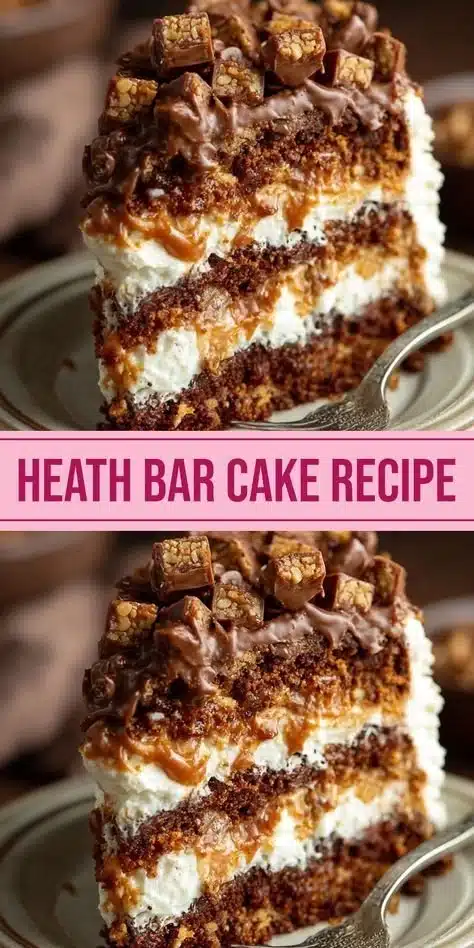 Delicious Heath Bar Cake topped with chocolate and toffee crumb