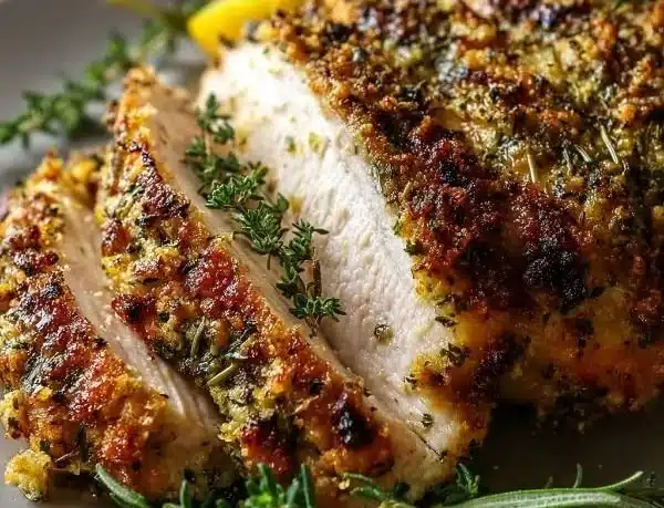 Herb-crusted turkey breast with garlic on a platter, garnished with herbs