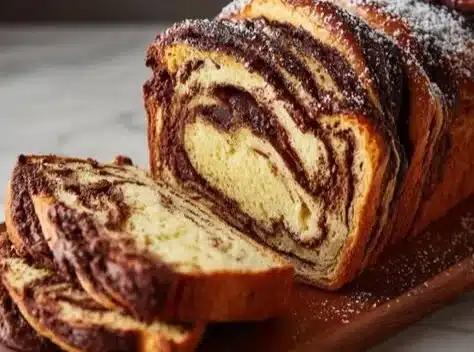 Freshly baked homemade chocolate babka with rich chocolate swirls