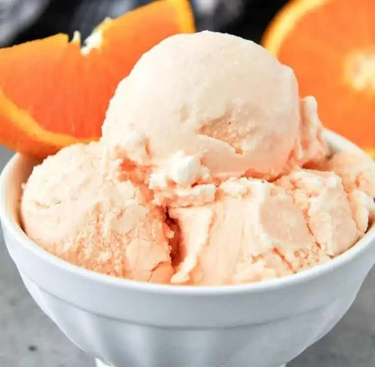 Delicious homemade orange ice cream in a bowl, topped with an orange slice.