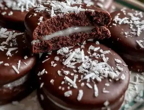 Homemade peppermint patties on a plate with a mint leaf garnish.
